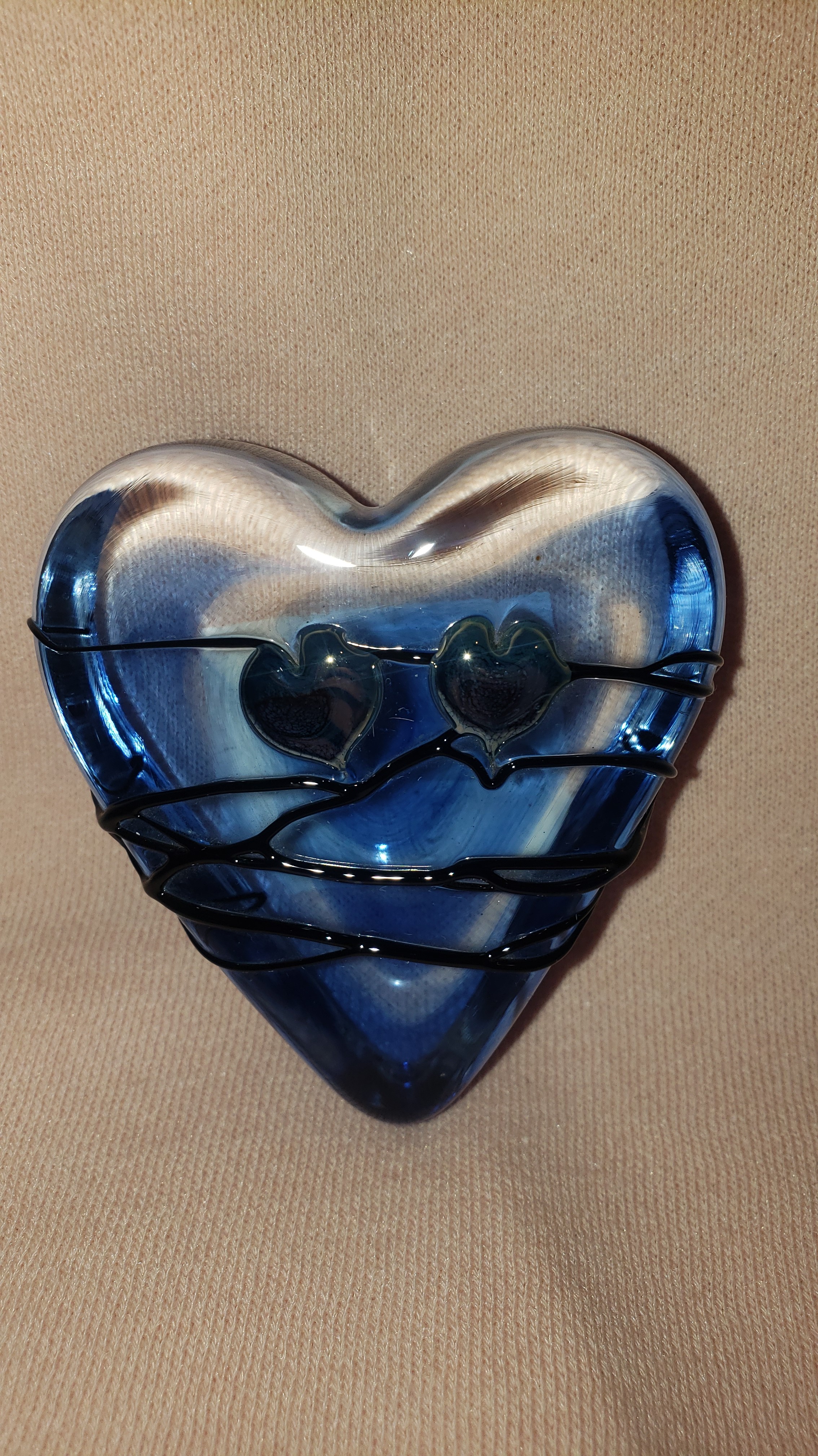 Clear Blue Glass Heart Paperweight w/ Silver Drizzle & hearts - by David Salazar As Seen In...